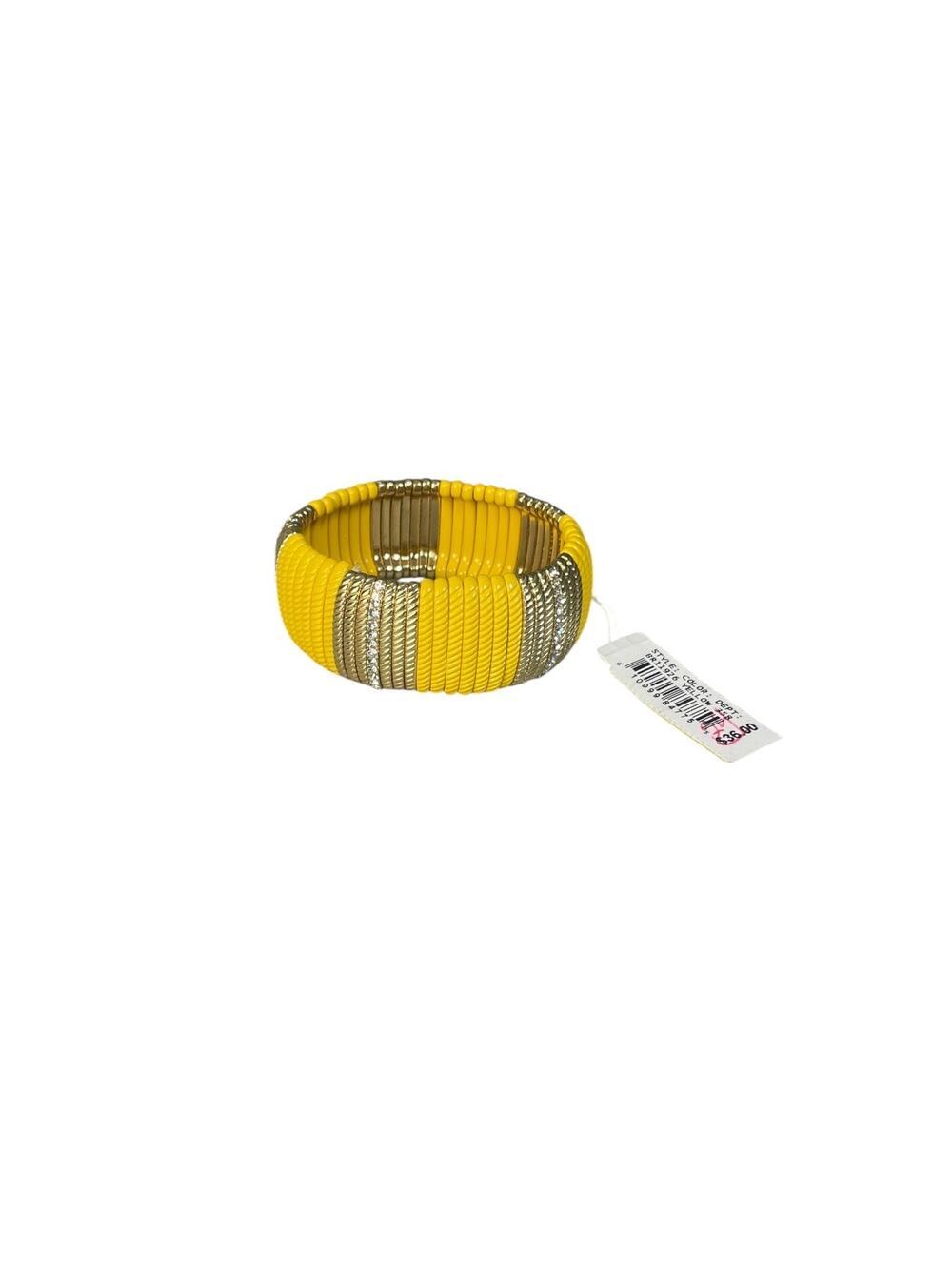 NWT Unbranded Yellow/Silver Planks & Rhinestone Stretch Wide Cuff Bracelet